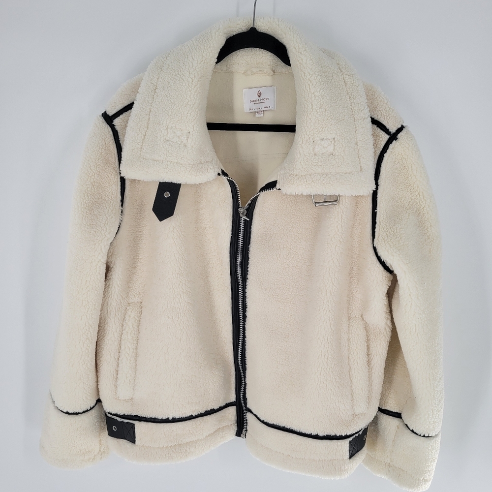 Jade & Ivory Cream Faux Shearling Aviator Jacket Black Trim Zip Front Cozy L New